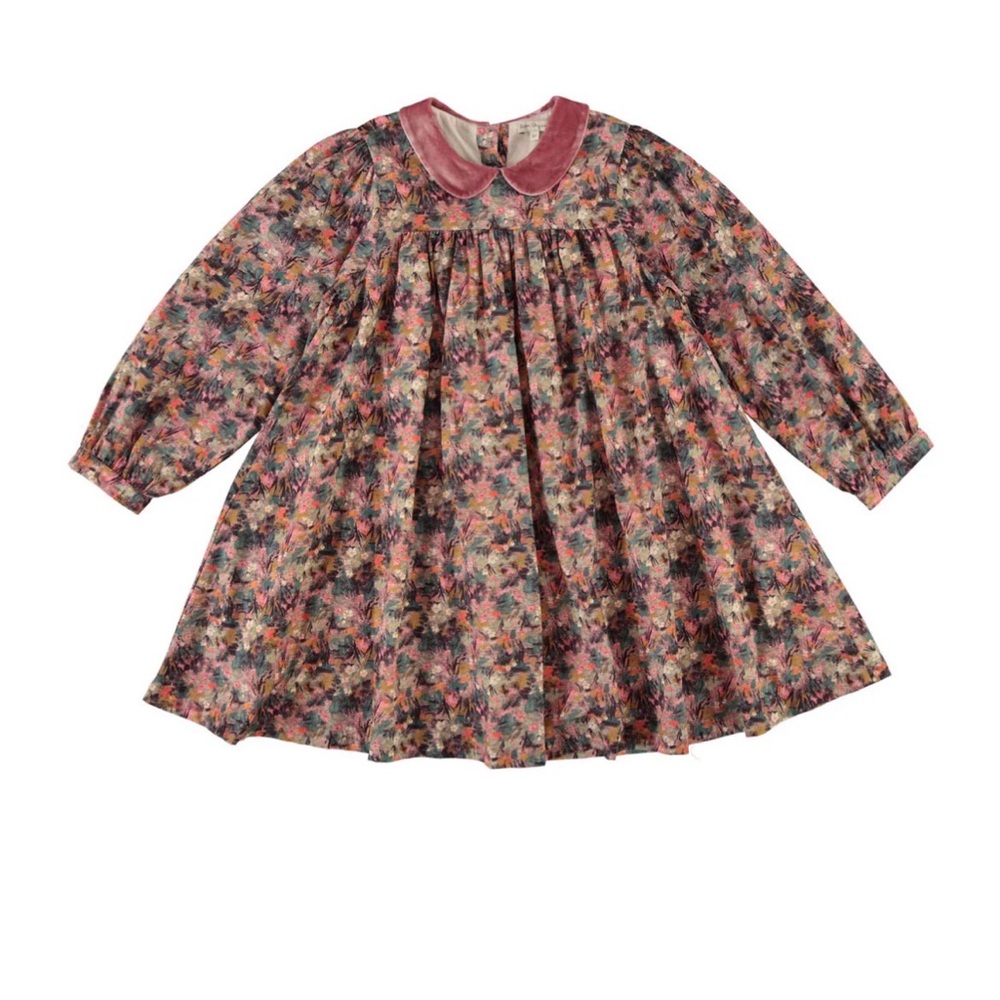 Watercolor Floral Long Sleeve Kids Dress with Velvet Peter Pan Collar